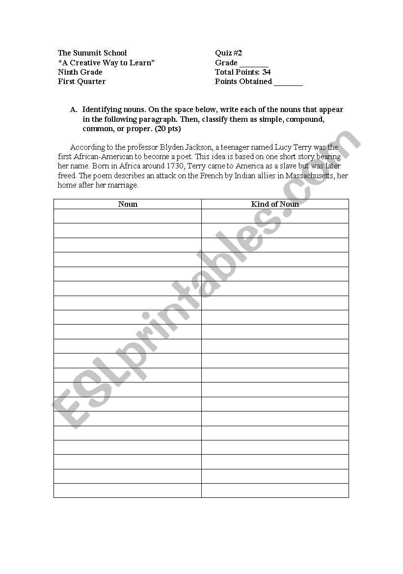 Quiz on nouns worksheet