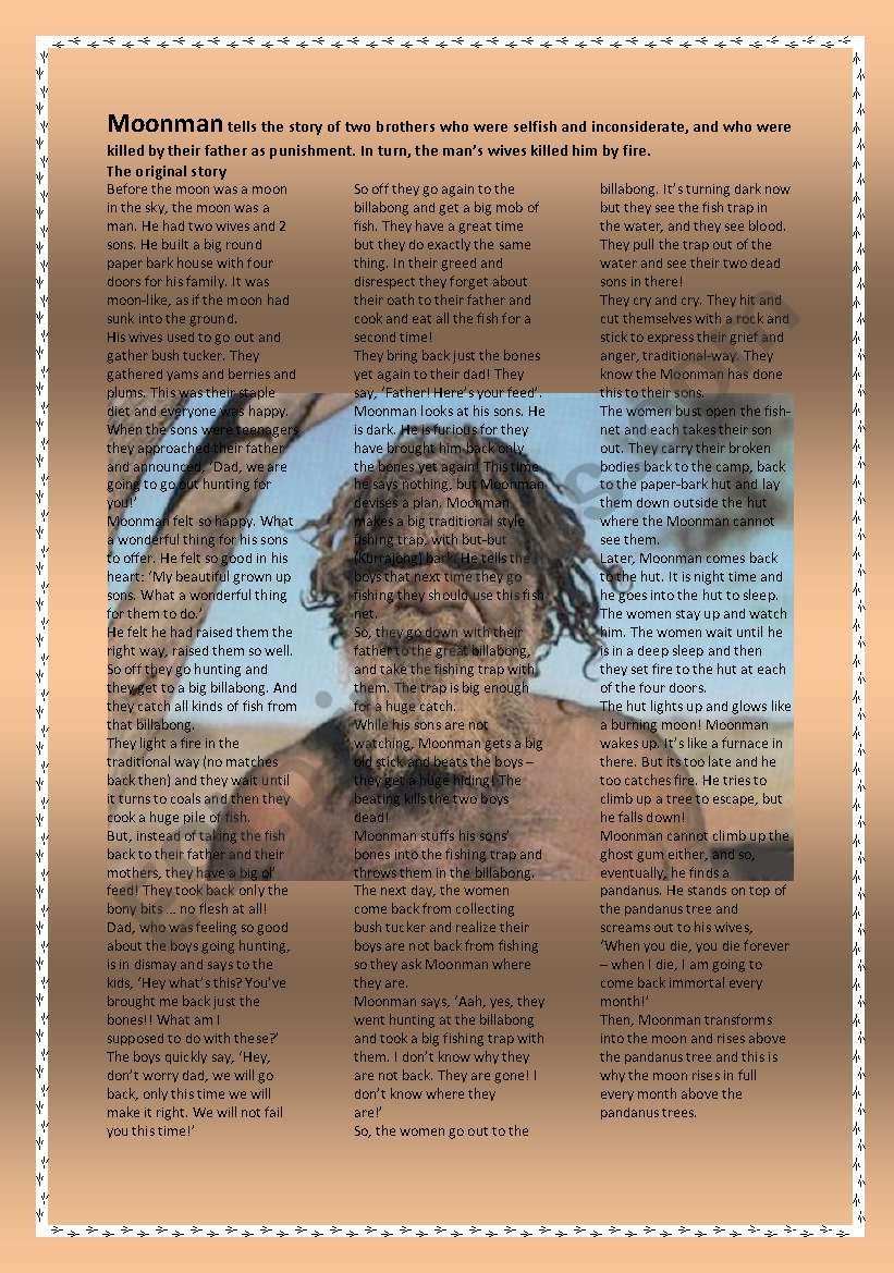 moonman an Aboriginal legend worksheet