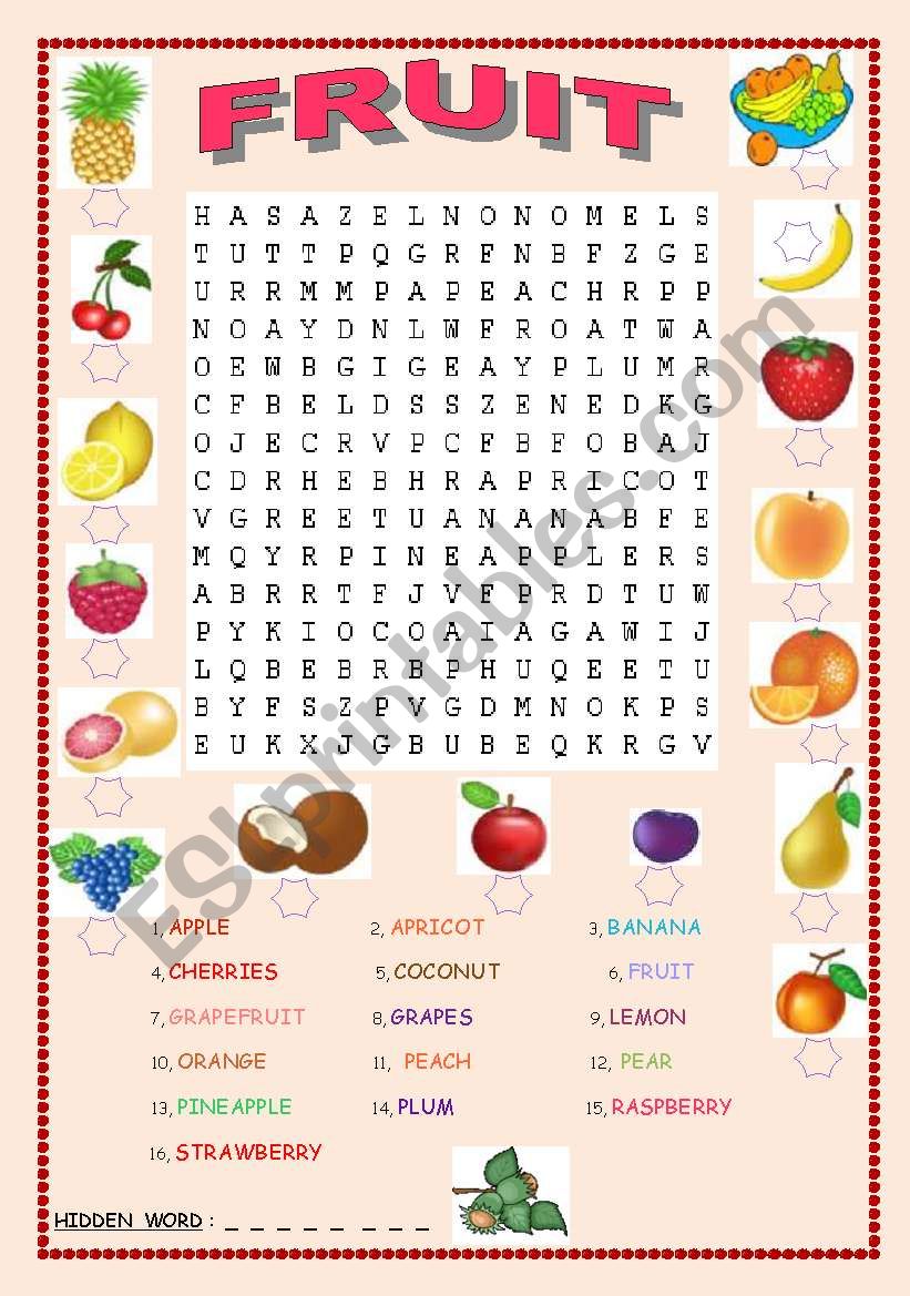Fruit wordsearch worksheet
