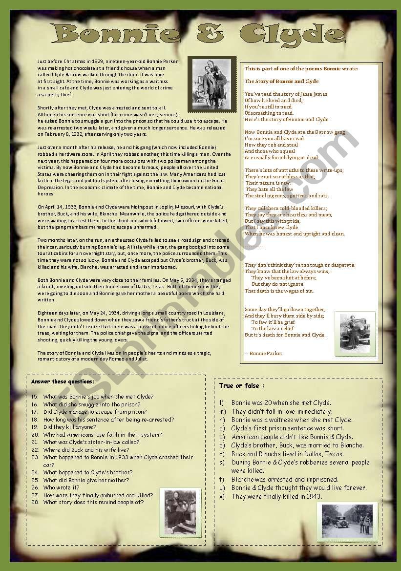 BONNIE & CLYDE worksheet