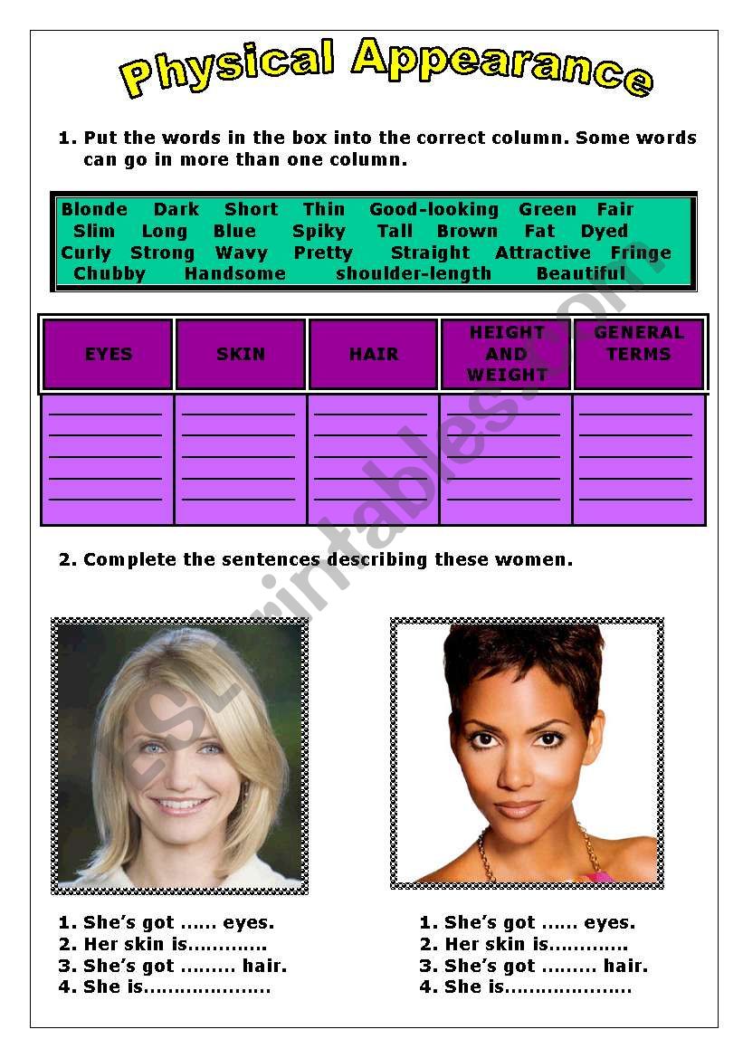 Physical Appearance worksheet