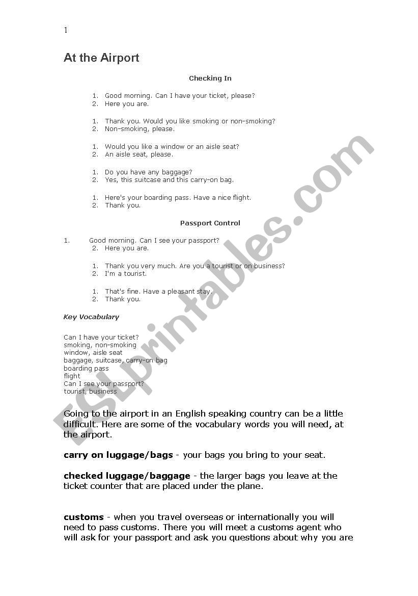 At the airport worksheet