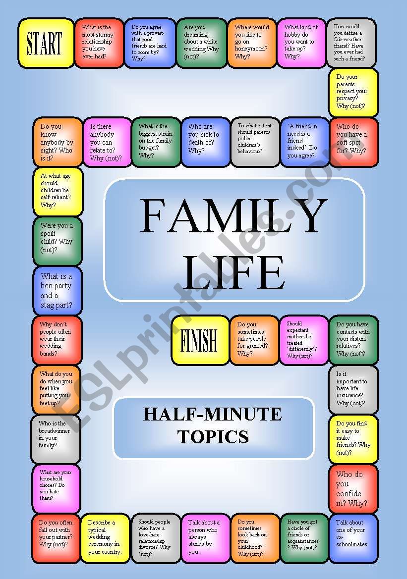 Family Life -  boardgame or pairwork (34 questions for discussion)