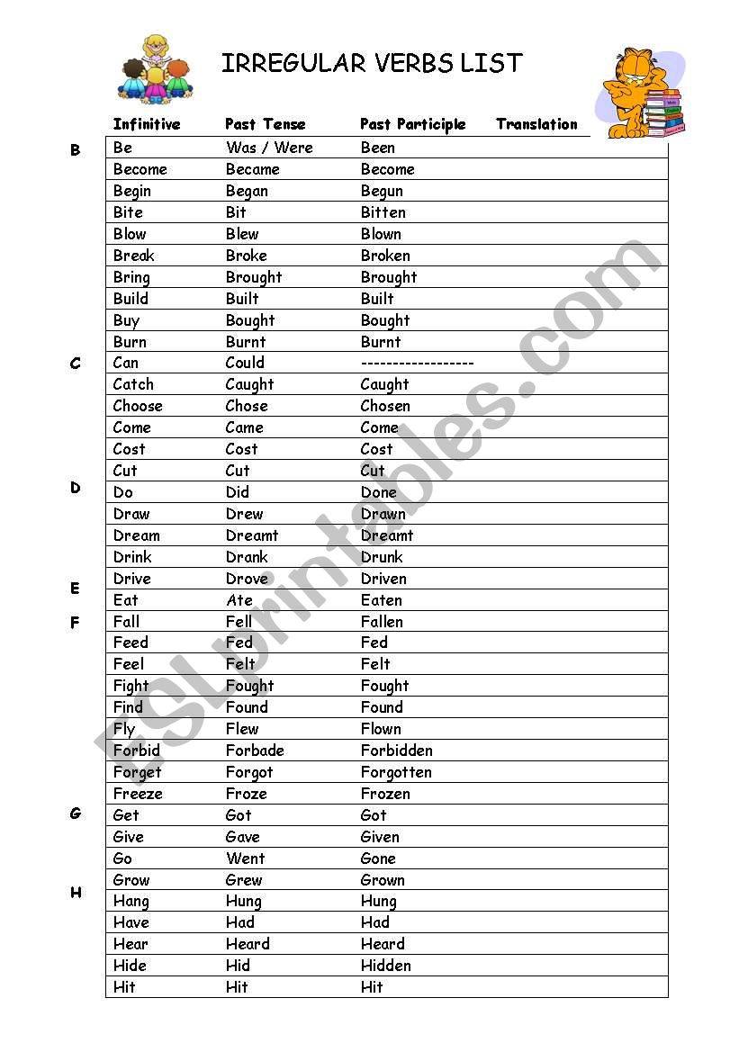 Irregular verbs list worksheet