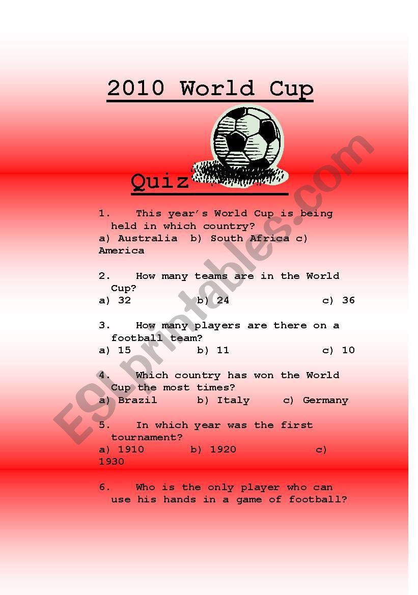 2010 World Cup Quiz worksheet