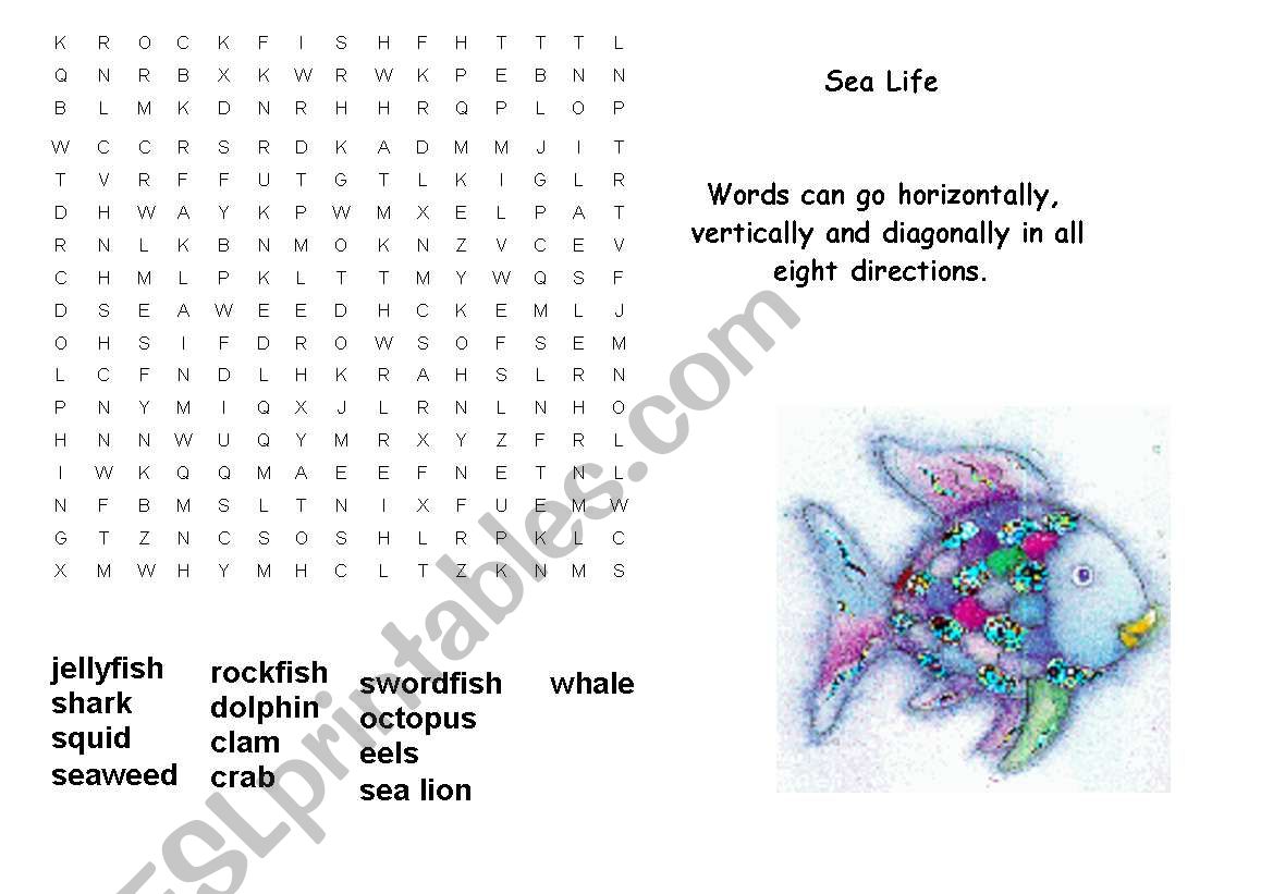 Rainbow Fish Wordsearch worksheet