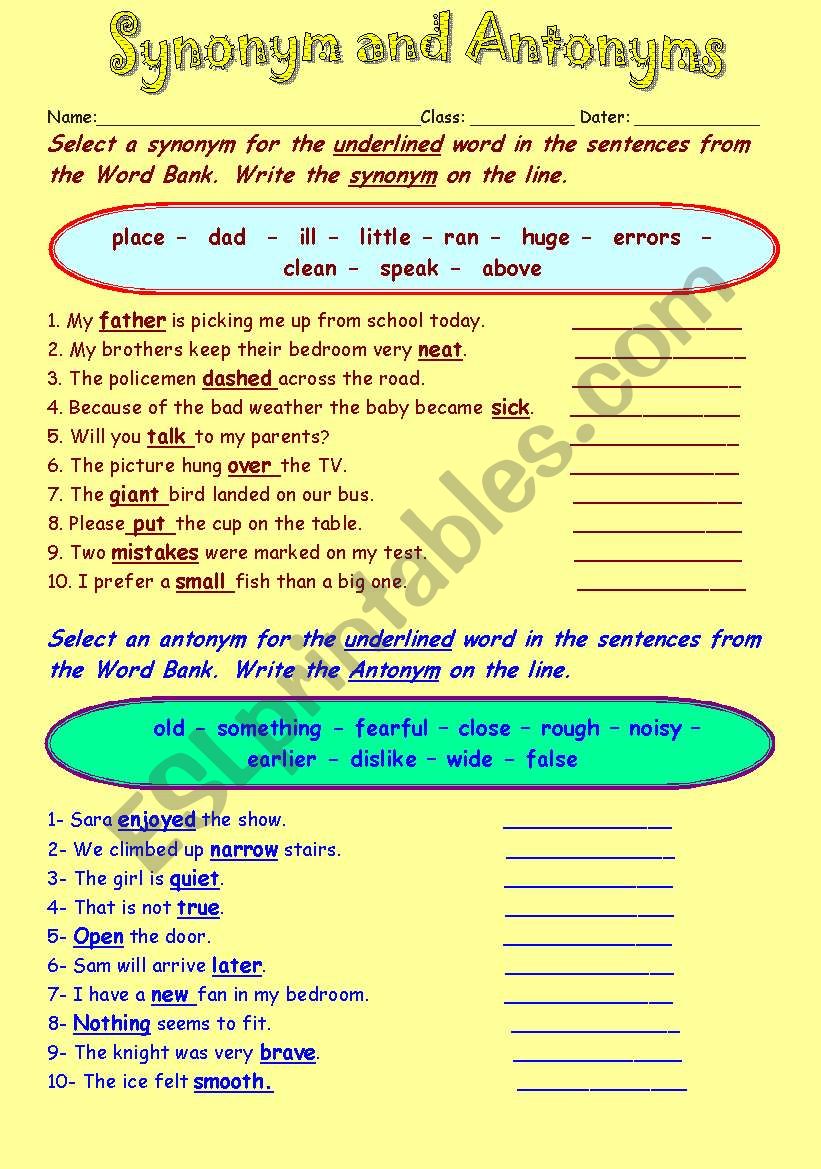 Synonyms and Antonyms  worksheet