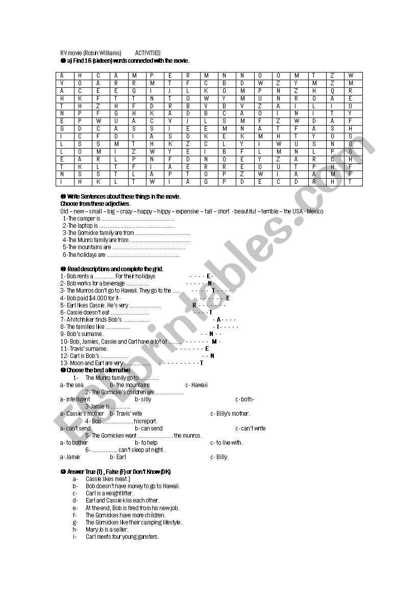 RV Movie Activities worksheet