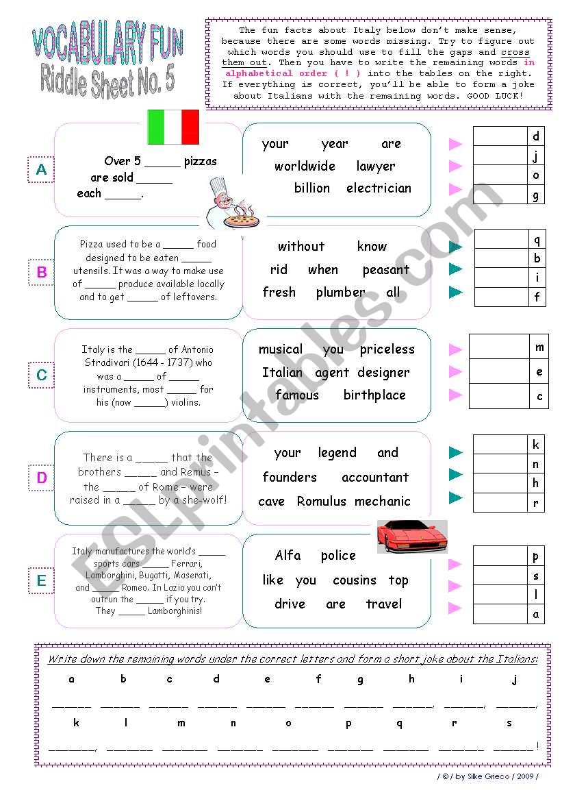 Riddle Sheet No 5 Topic Fun Facts About Italy Reading And Writing Activity Key Included Esl Worksheet By Lina Ladybird