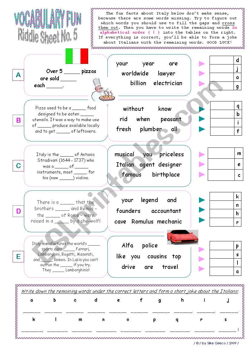 RIDDLE SHEET NO. 5  TOPIC: FUN FACTS ABOUT ITALY  READING AND WRITING ACTIVITY  KEY INCLUDED!!