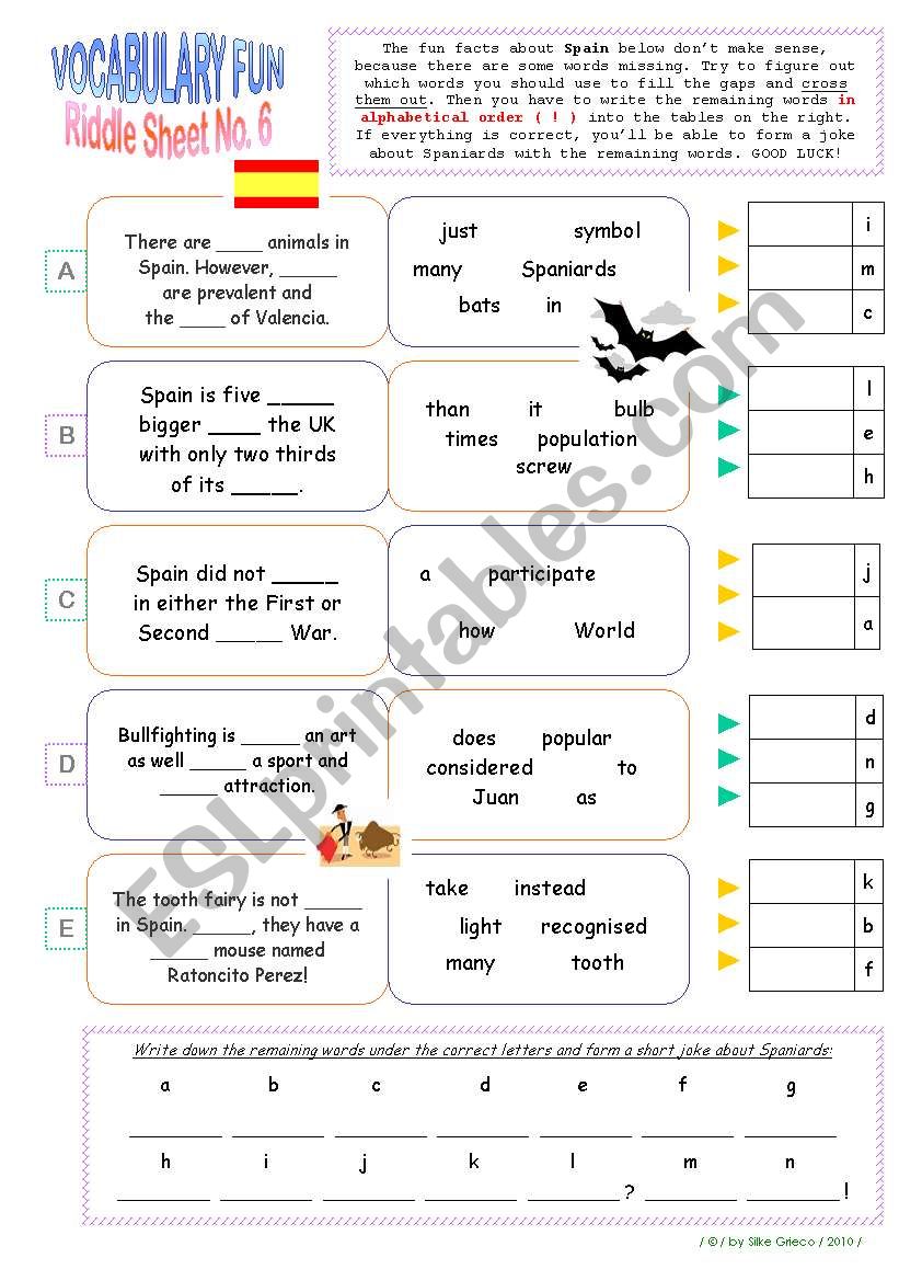 RIDDLE SHEET NO. 6  TOPIC: FUN FACTS ABOUT SPAIN  READING AND WRITING ACTIVITY  KEY INCLUDED!!