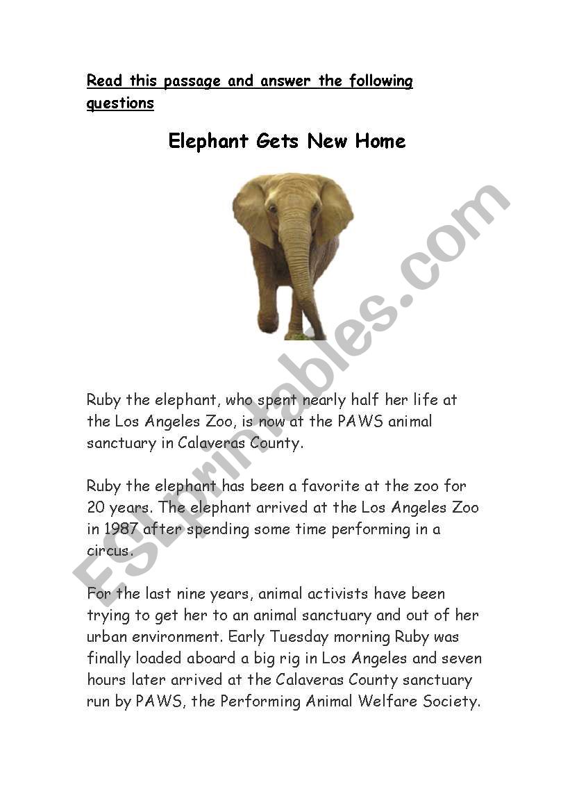 Elephant Gets a New Home worksheet