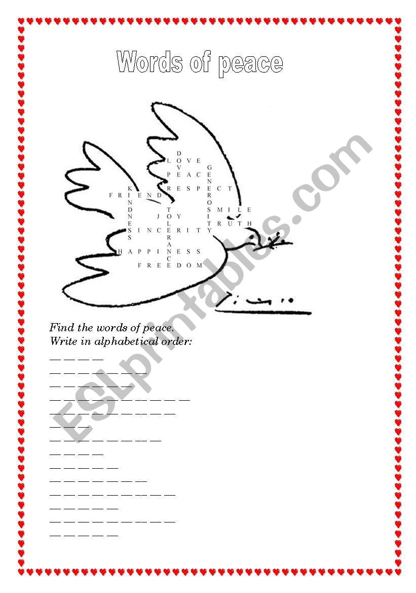 Words of peace (2 pages) worksheet