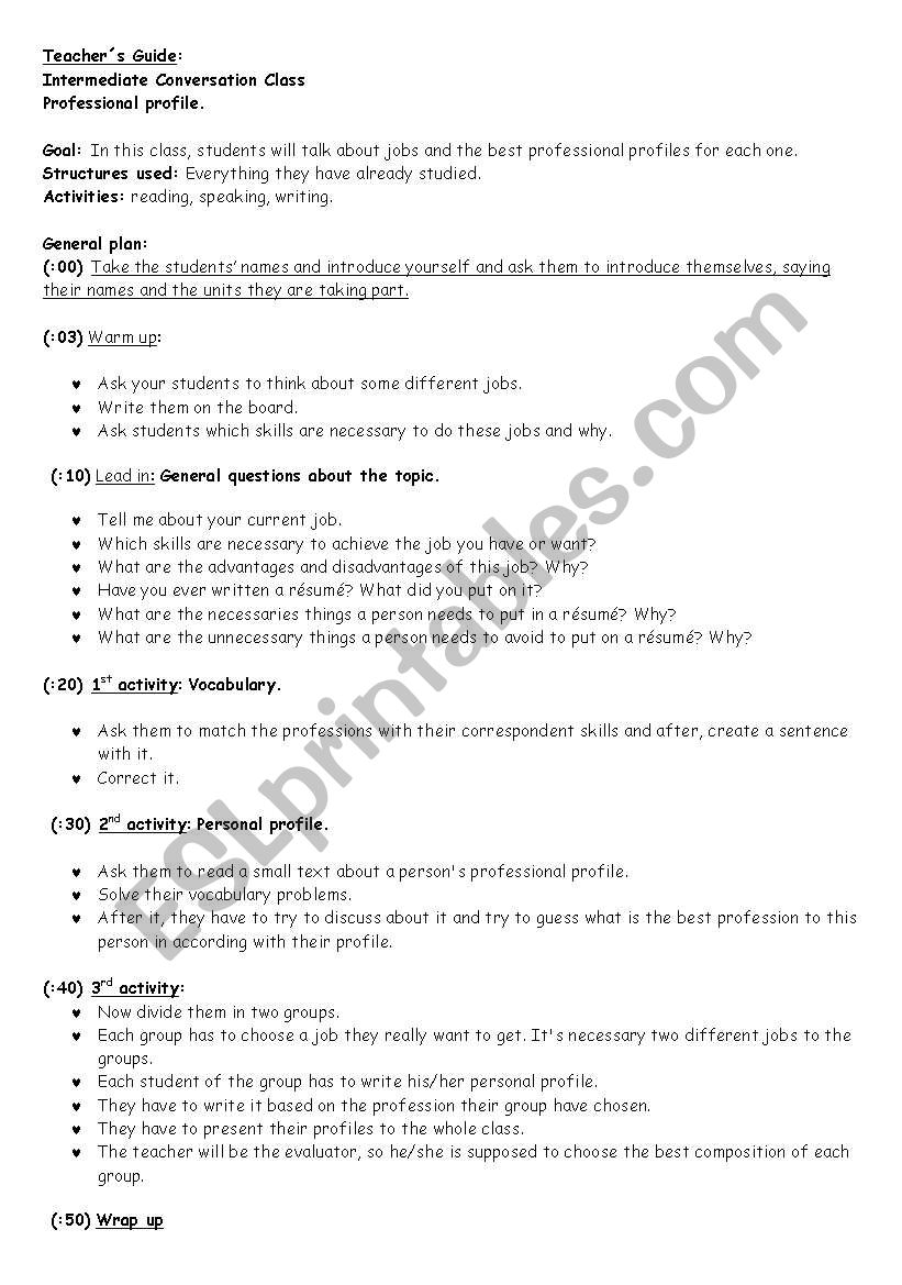 Professional profiles worksheet