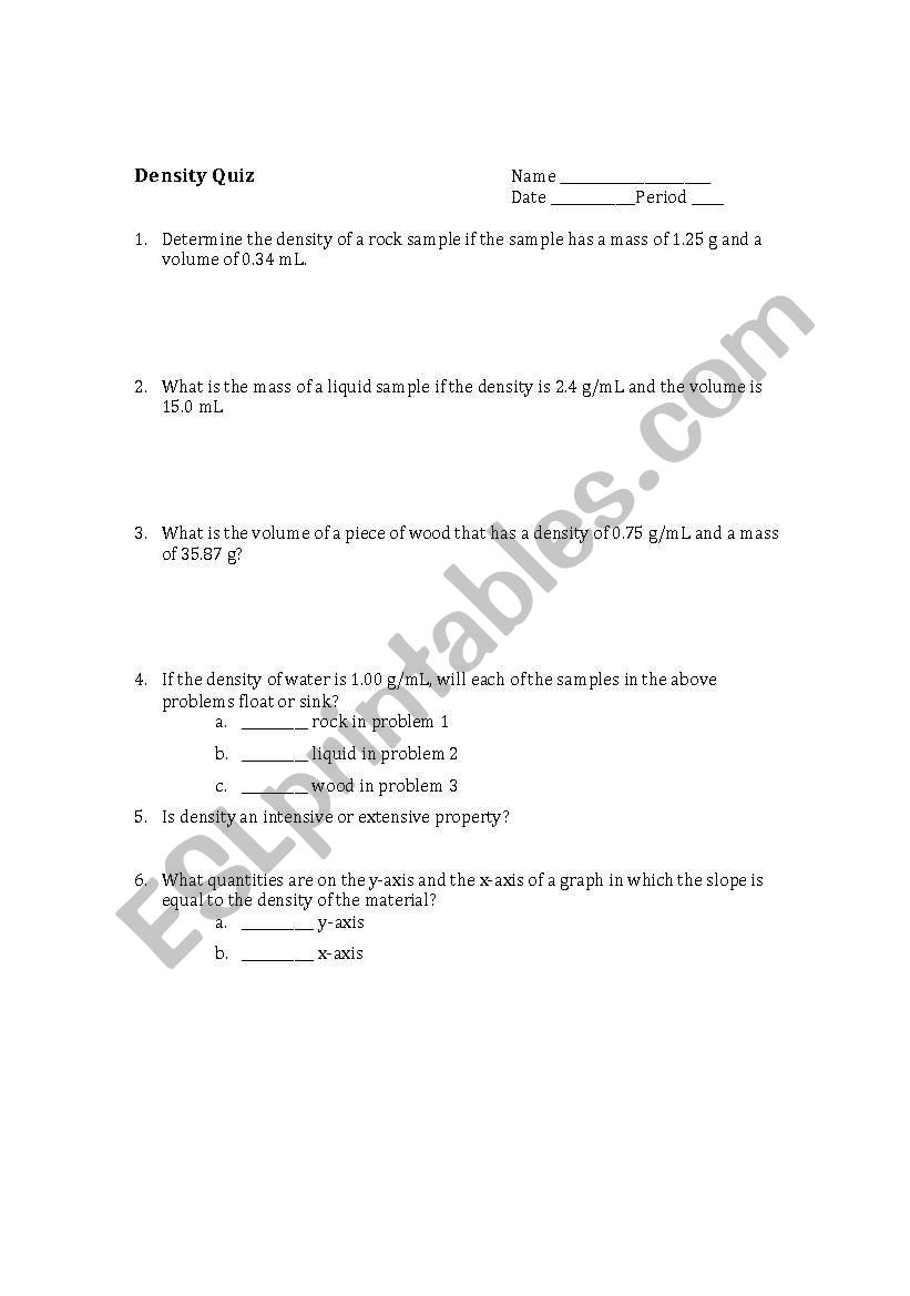 Density Quiz worksheet