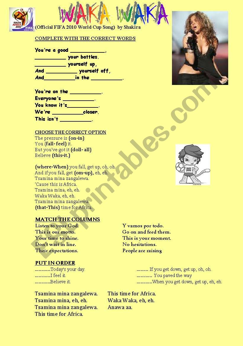 WAKA WAKA by SHAKIRA worksheet