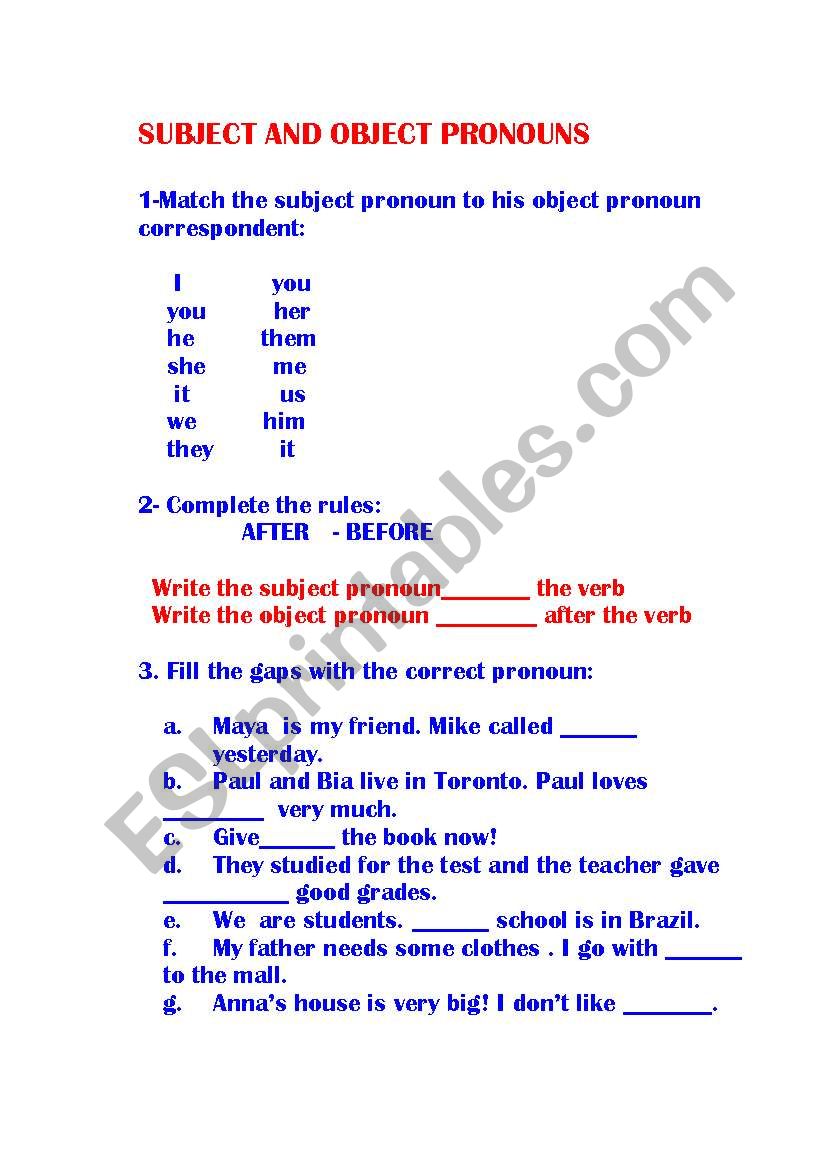 SUBJECT AND OBJECT PRONOUNS worksheet