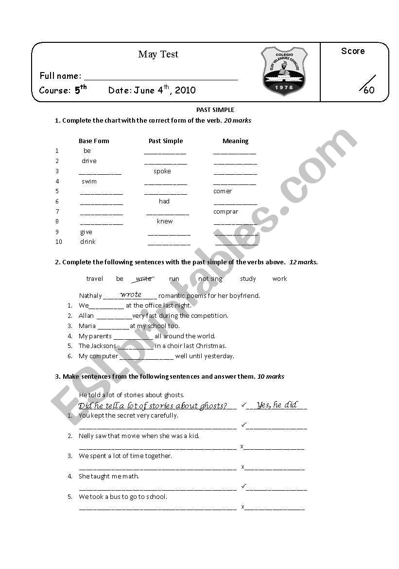 past simple quiz worksheet