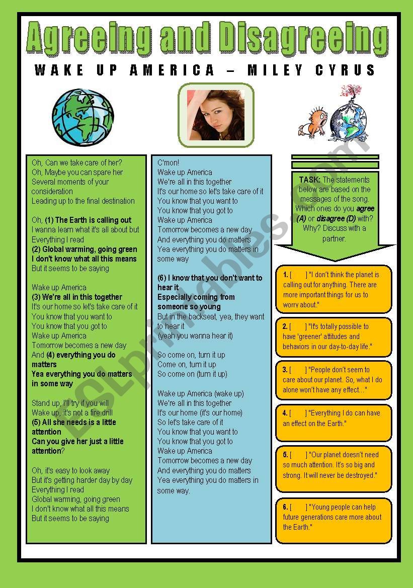 Song: Wake Up America (Miley Cyrus) - Agreeing and Disagreeing - Environmental Problems