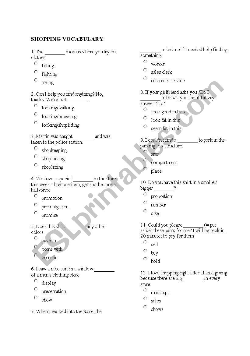 SHOPPING VOCABULARY worksheet