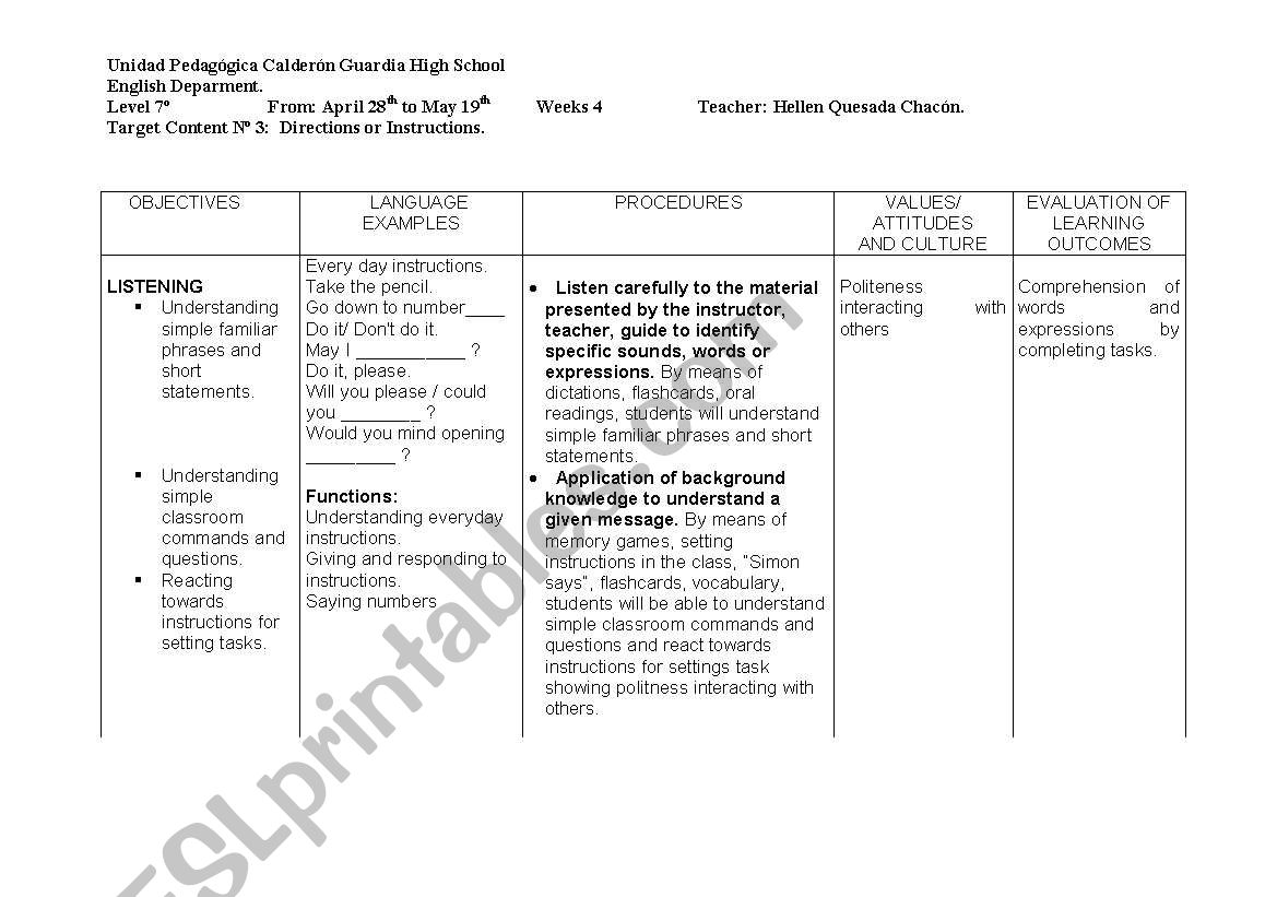 Lesson Plan Classroom Instructions