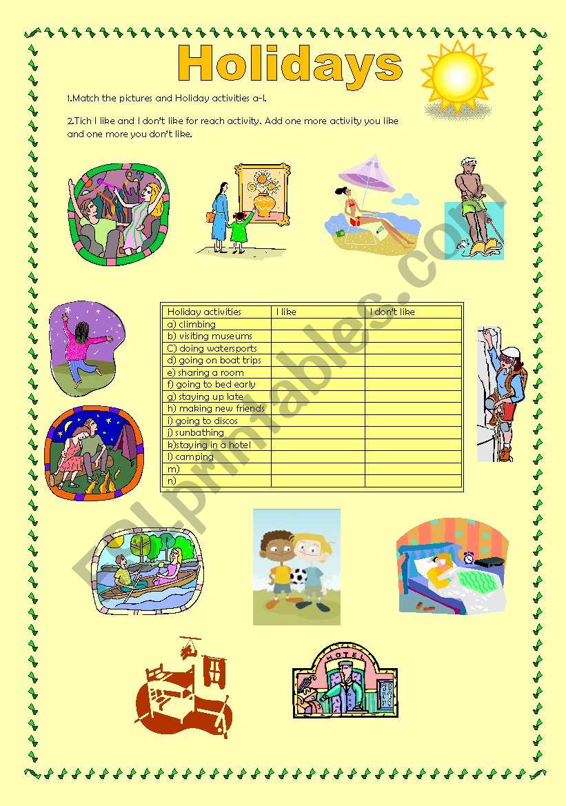 Holidays worksheet