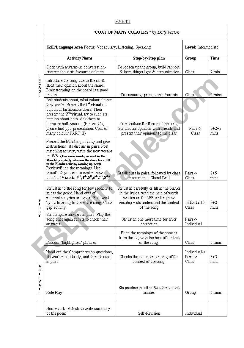 Coat of Many Colours PART I worksheet