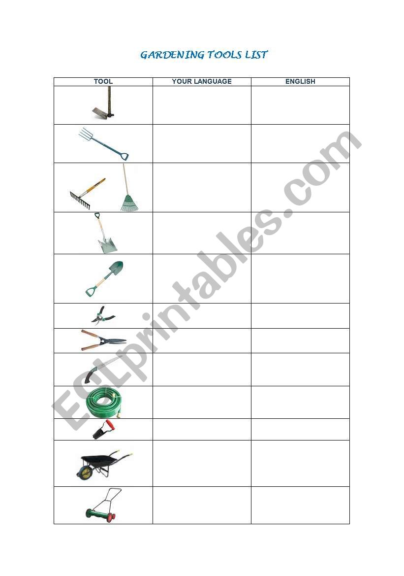 Gardening Tools List worksheet