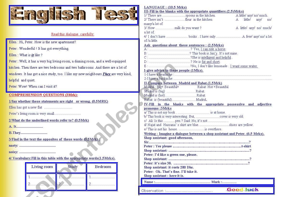 Engish test ( unit house) worksheet