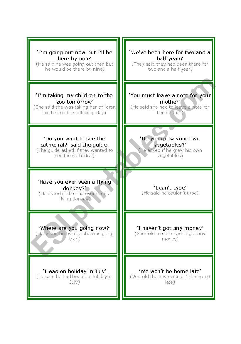 Reported speech speaking cards
