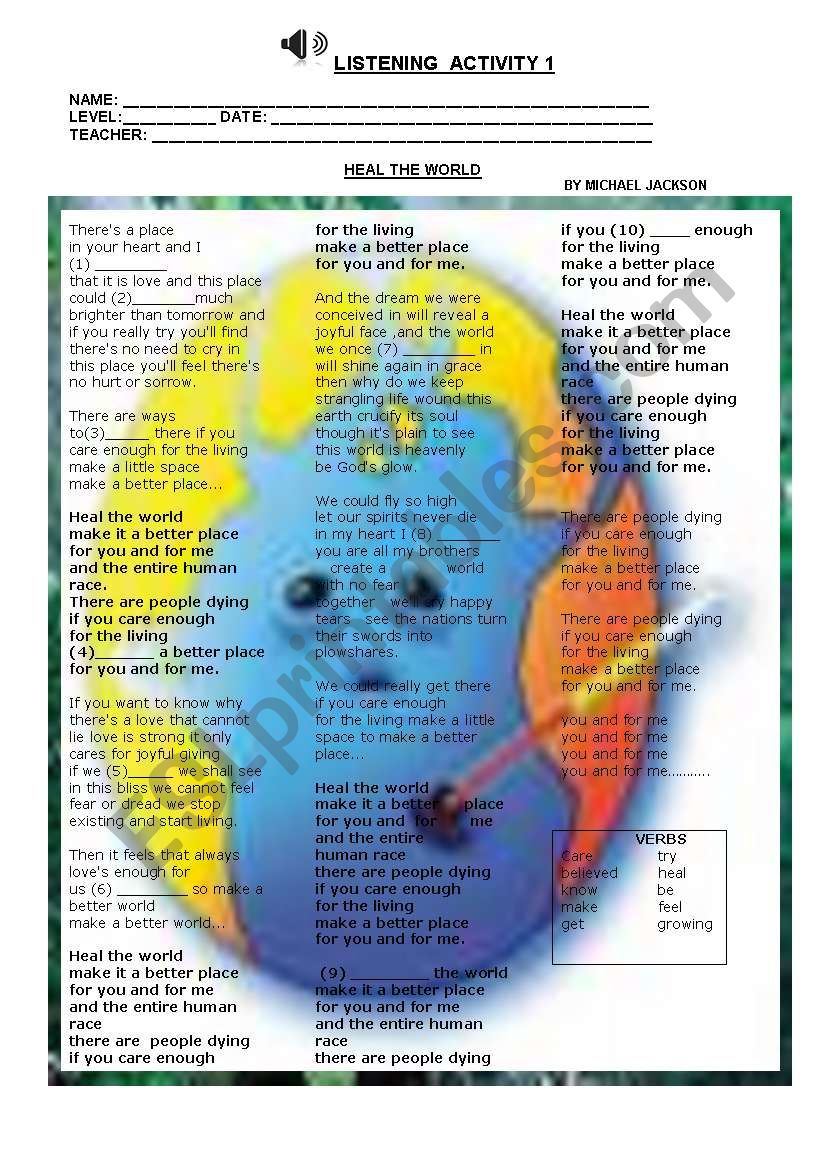 SONG- HEAL THE WORLD worksheet