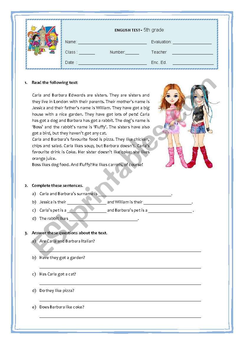 5th GRADE TEST worksheet