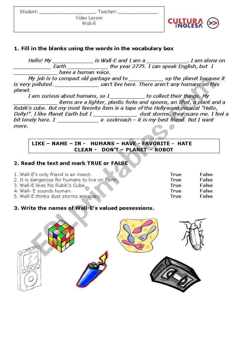 Wall-E video lesson worksheet