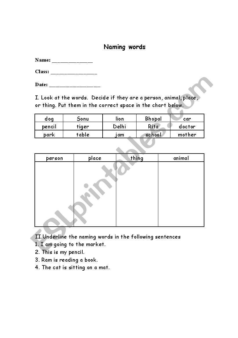 Naming words worksheet