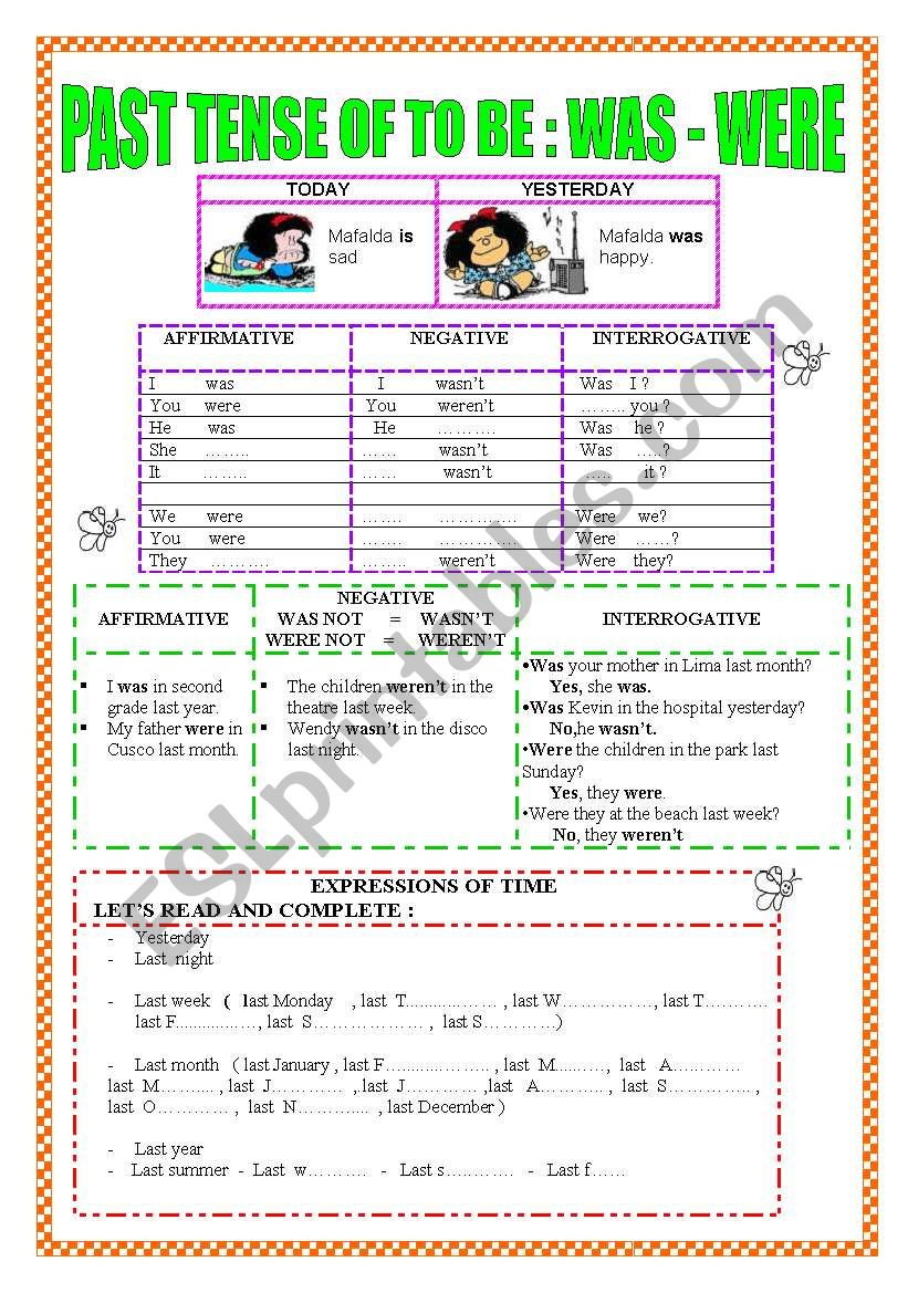 PAST TENSE OF TO BE ( 2 PAGES )