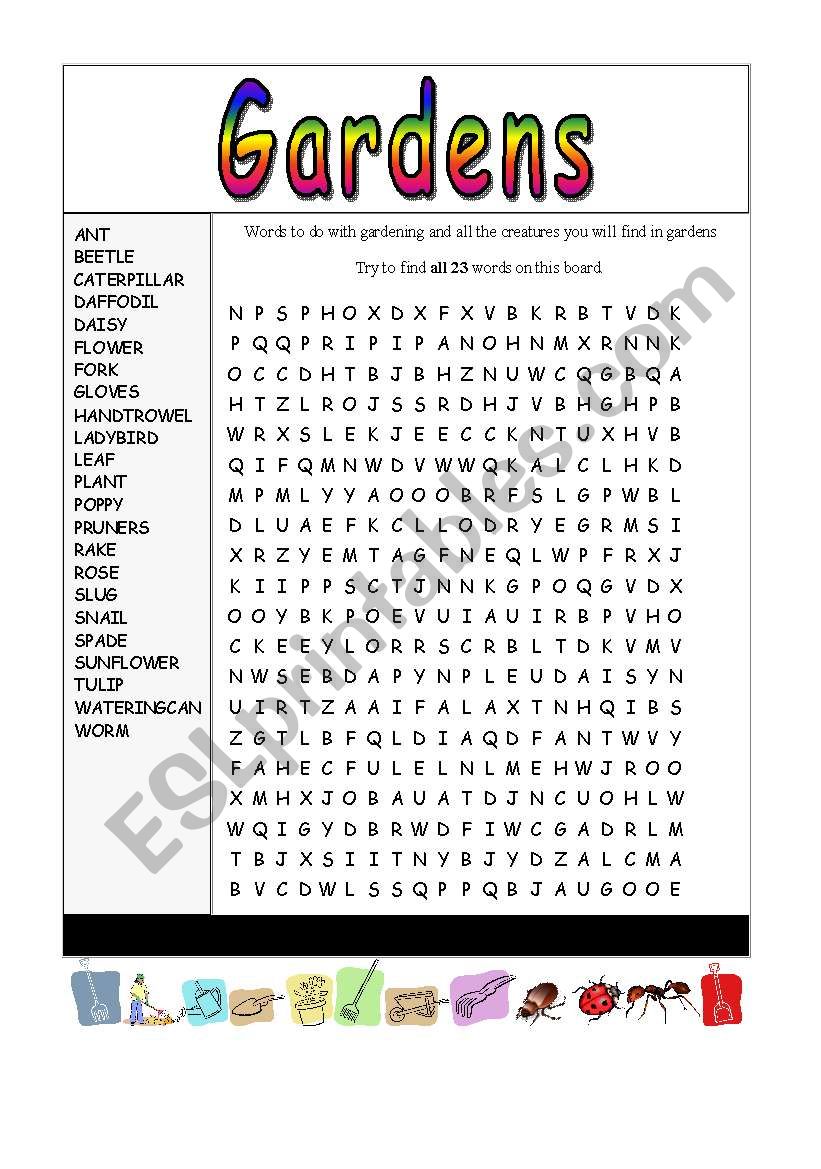 Gardens wordsearch worksheet