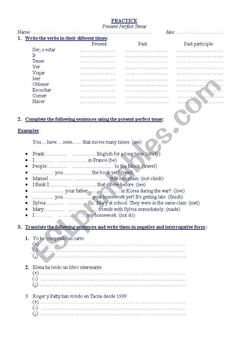 present perfect worksheet