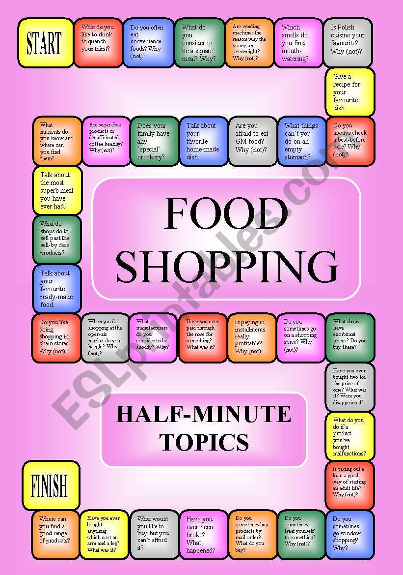 Food and shopping - a boardgame or pairwork (34 questions for discussion)