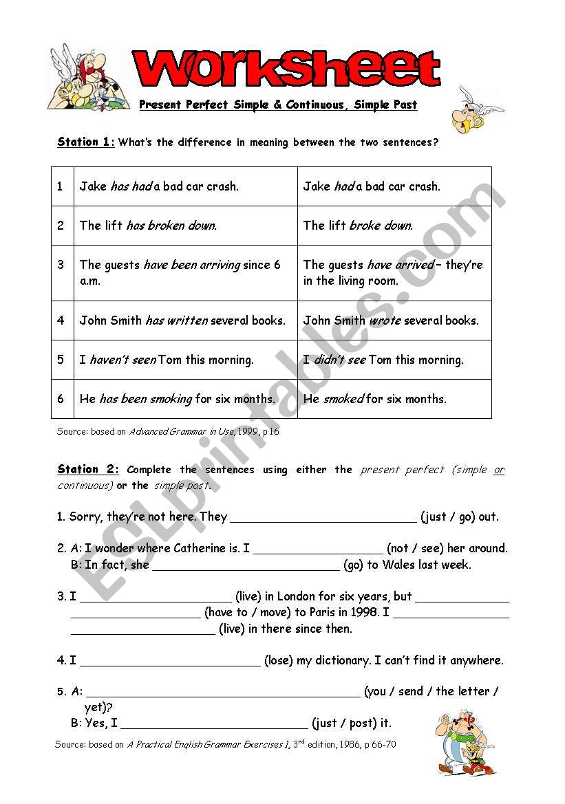 Worksheet for the station competition (simple past, present perfect simple and continuous)