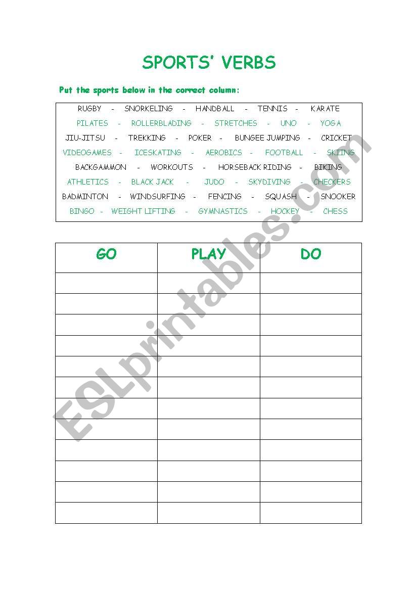 SPORTS VERBS worksheet