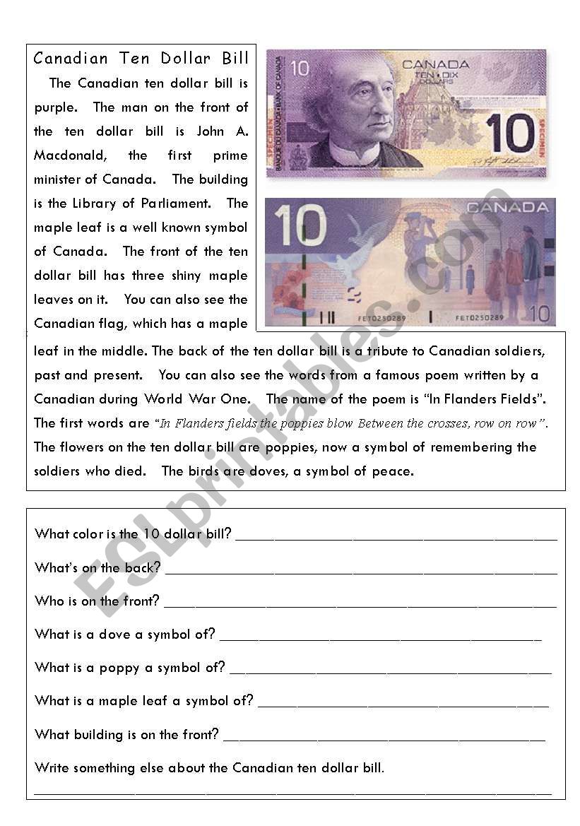 Canadian ten dollar bill worksheet