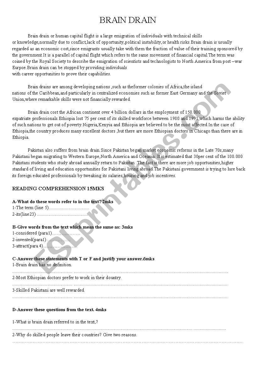 Brain Drain worksheet