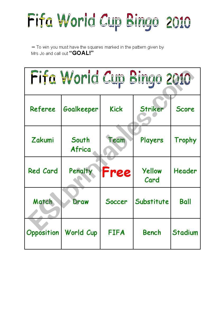 FIFA World Cup Bingo game worksheet