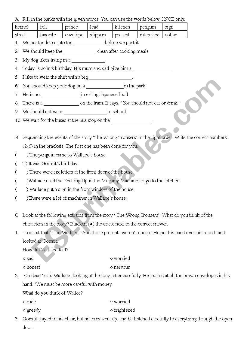 The Wrong Trousers worksheet