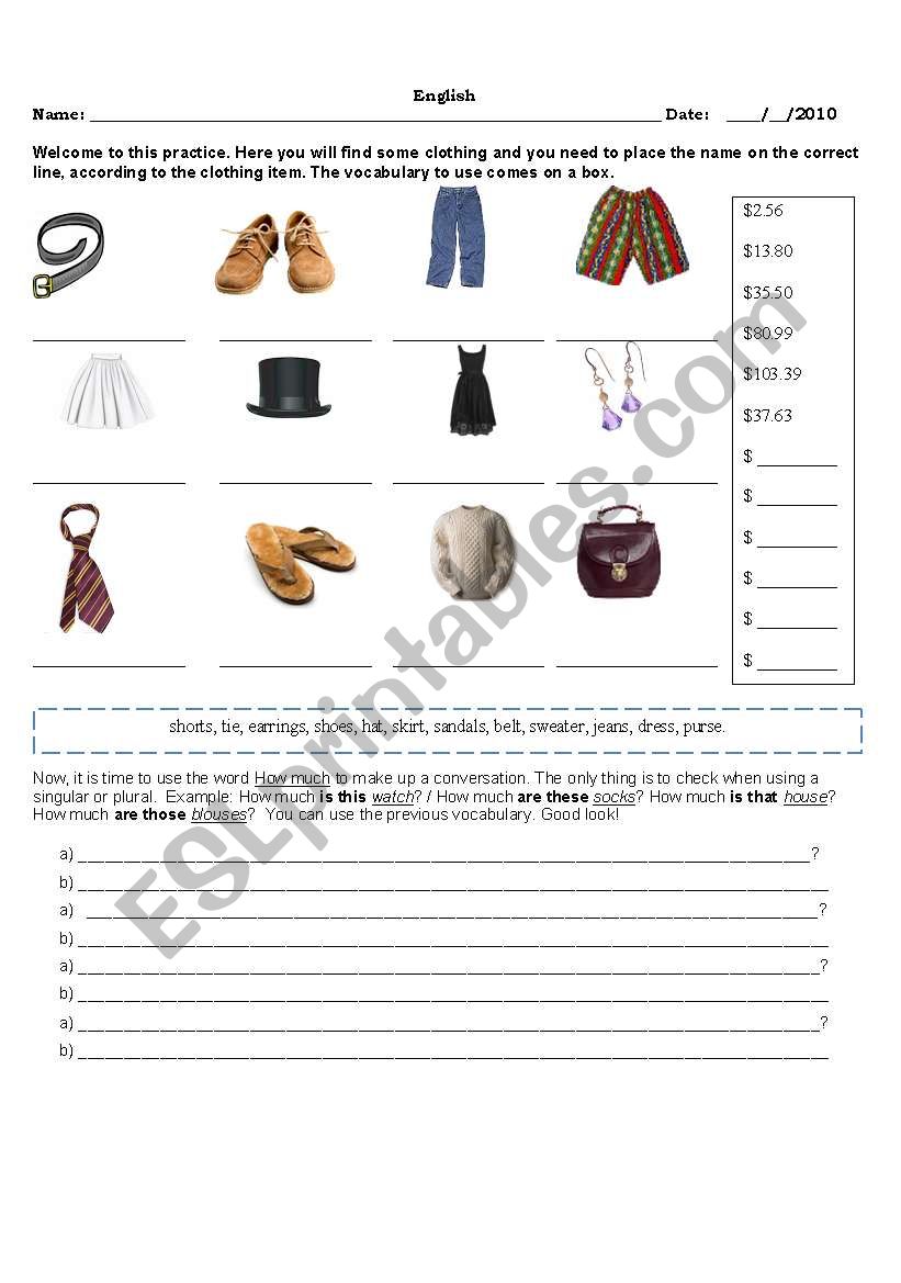 Clothing and prices worksheet
