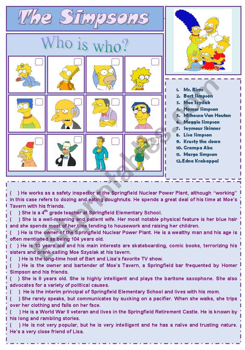 Cartoon Series 1 - The Simpsons (2 pages + answer key)