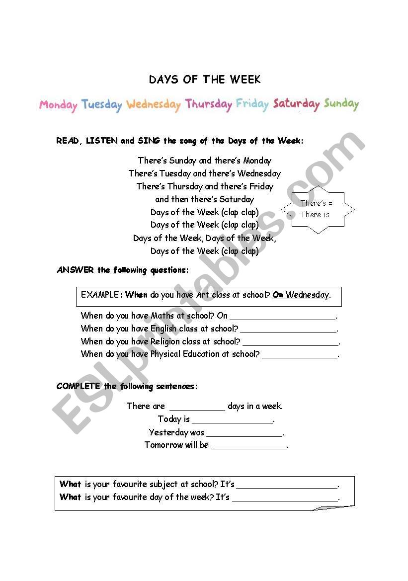 Days of the Week worksheet