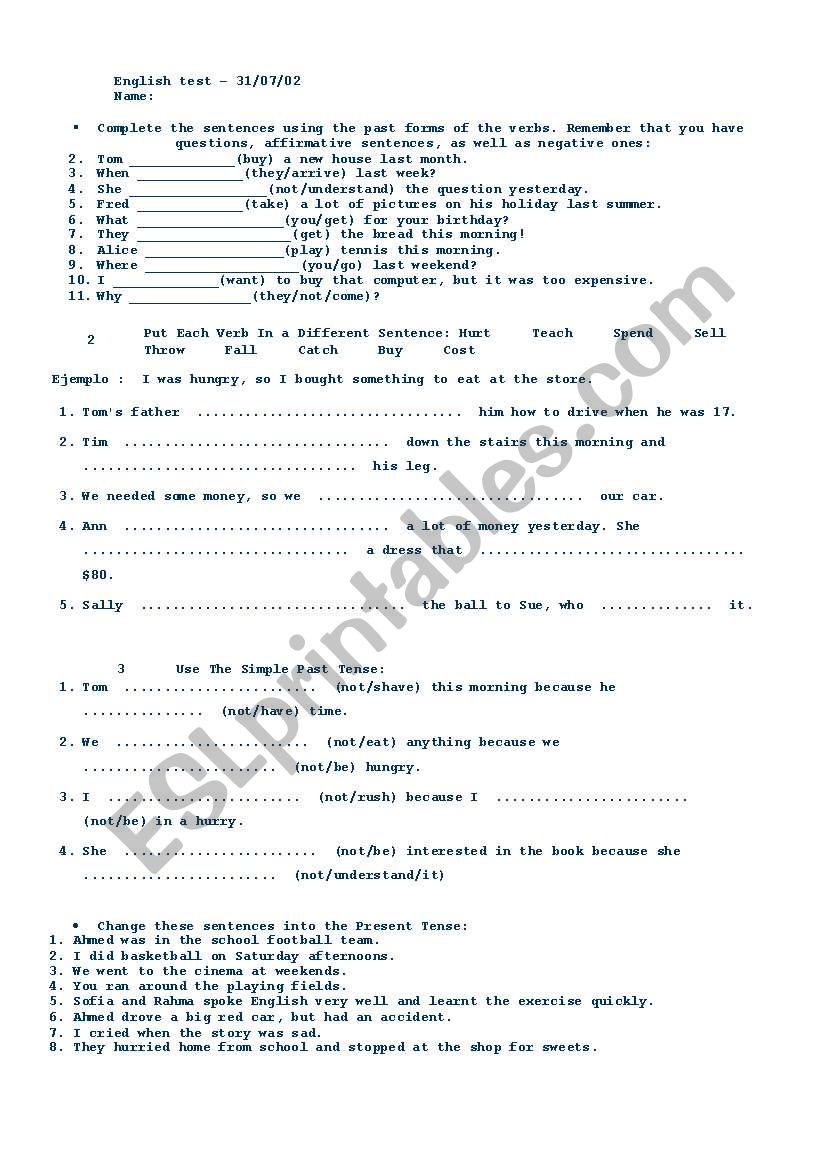 test simple past worksheet