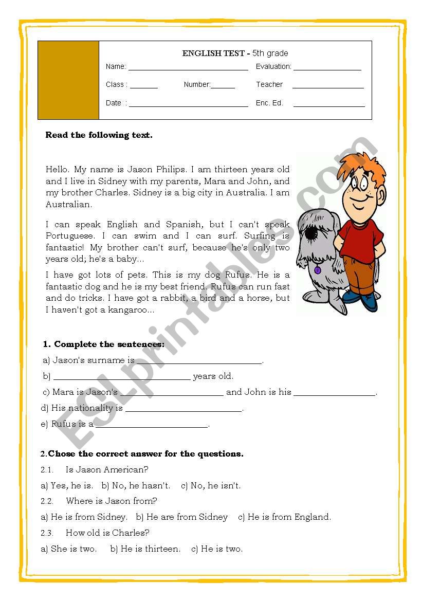 5th GRADE TEST worksheet