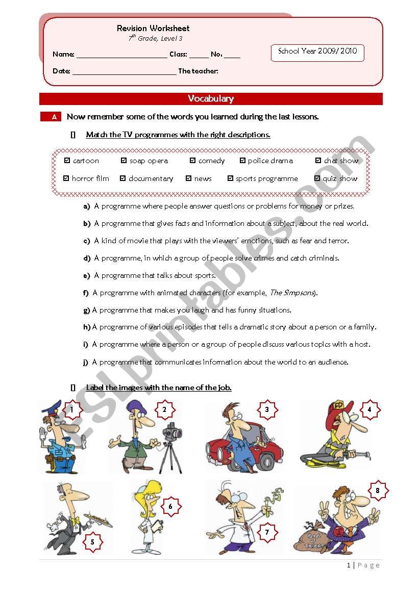 Revision Worksheet (leisure activities (television programmes mainly), jobs+grammar - simple past, degrees of adjectives - comparative and superlative)